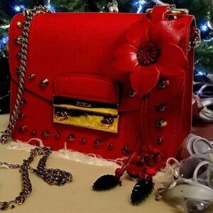 Furla Red Metropolis Bolero Julia Gold Stud Leather Crossbody Bag (NWOT)
